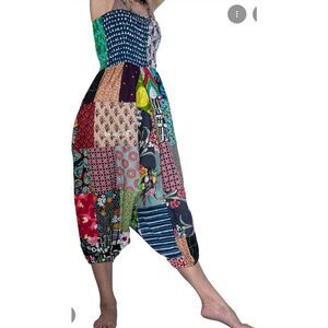 Tribe Azure Patchwork Harem Jumpsuit Pants L/XL Fair Trade Boho Festival Romper
